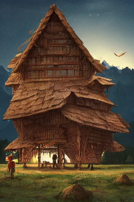 Prompt: an awesome twilight day concept art of old hut standing at giant hen's legs, by kengo kuma and wes anderson with village, mixed development, cgsociety, fantastic realism, artstation hq