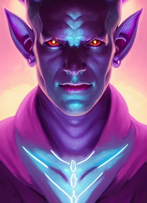 Image similar to symmetry!! portrait of a male purple and teal skinned tiefling with demon horns, glowing lights!! intricate, elegant, highly detailed, digital painting, artstation, concept art, smooth, sharp focus, illustration, art by artgerm and greg rutkowski and alphonse mucha