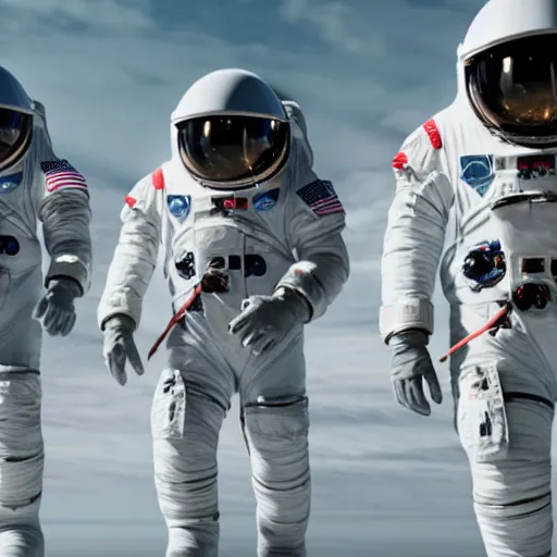 Prompt: astronauts walking ominously towards a SpaceX rocket, cinematic still, atmospheric, 4k