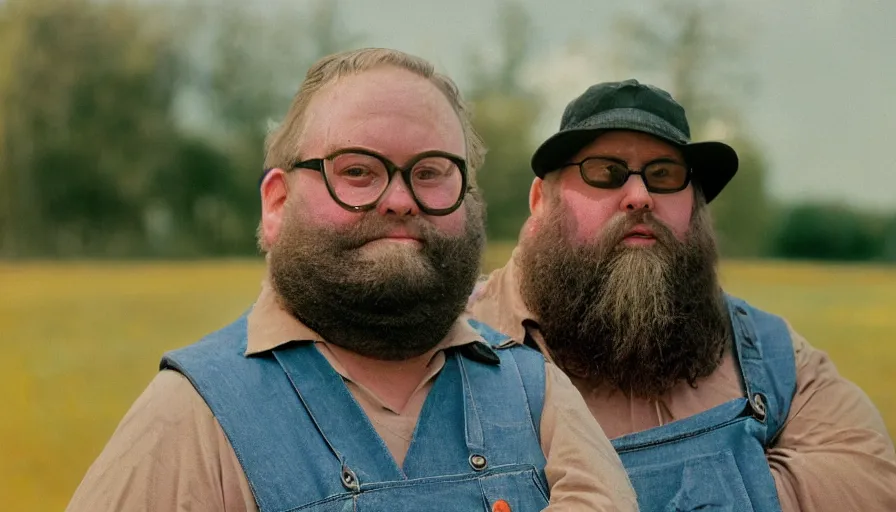 Image similar to far view, extremely fat obese mitch mcconnell with long beard, wearing dirty overalls, dirty greasy face, grin, portrait, close up, kodak gold 2 0 0, 5 0 mm,