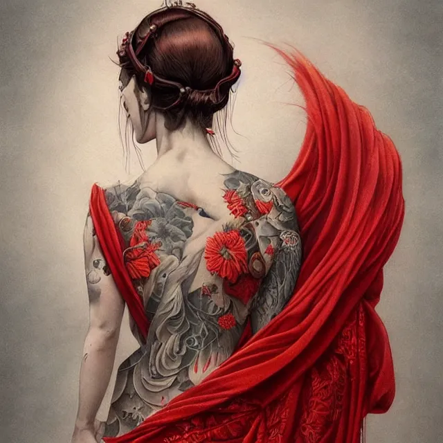 Image similar to ultra realistic illustration, beautiful woman dressed in red kimono, backview, tattoos, in the style of peter mohrbacher by weta digital and beth cavener, high face symmetry, intricate, masterpiece, award winning, high face symmetry, intricate