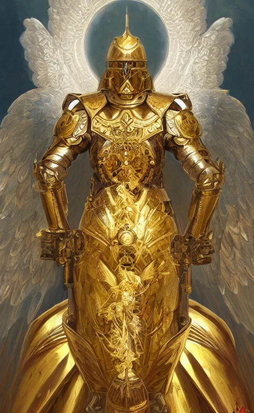 Image similar to Portrait of an archangel with golden wings, heavy armor and helmet, confident, heaven background, intricate, headshot, highly detailed, digital painting, artstation, concept art, sharp focus, cinematic lighting, illustration, art by artgerm and greg rutkowski, alphonse mucha, cgsociety