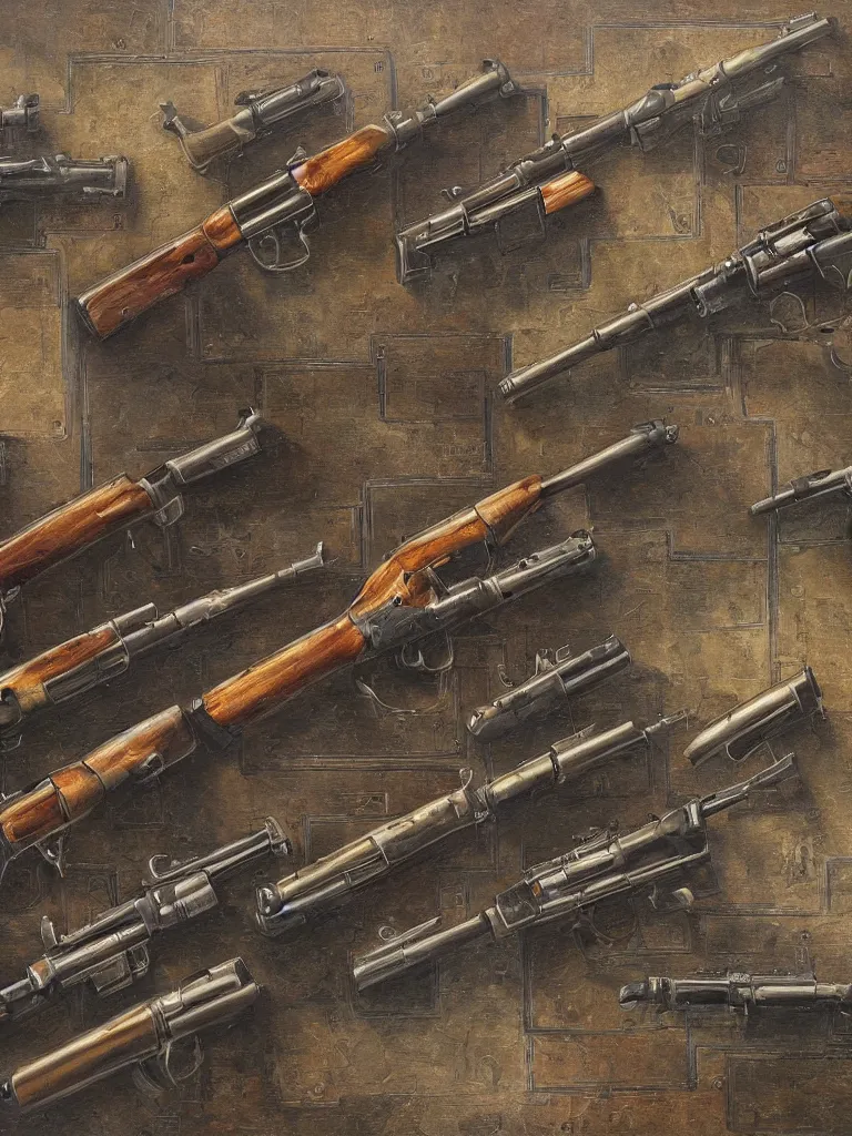 Image similar to detailed oil painting of machine guns shotguns rifles revolvers bullets on a wall, ultrarealistic, intricate details, 4k