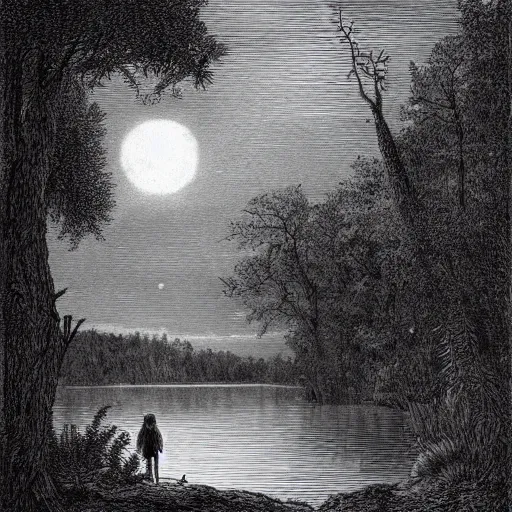 Image similar to wanderer at a lake, forest, dark clouds, moon, nightsky, moonrays, shadows, high detail, gorgeous view, depth, illustration by Gustav Doré