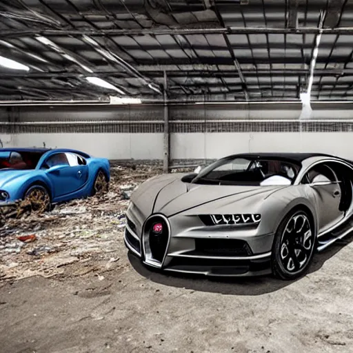 Image similar to an abandoned, derelict, rusty bugatti chiron in a dirty warehouse