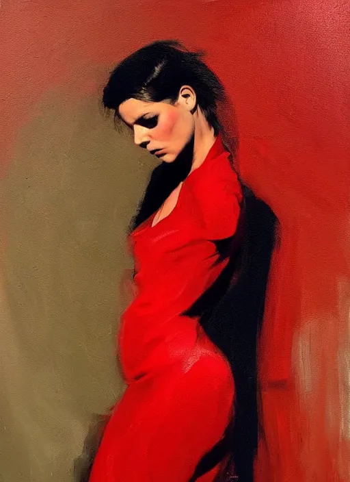 Image similar to fashion model in red dress, painting by phil hale, fransico goya,'action lines '!!!, graphic style, visible brushstrokes, motion blur, blurry, visible paint texture, crisp hd image