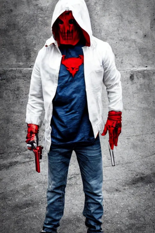 Image similar to red hood cosplay, creepy, disturbing, bloody, darkness, grainy, urban, jeans, white jacket