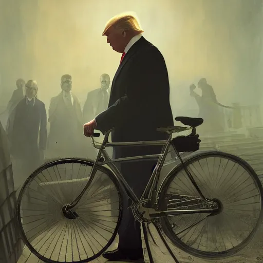 Image similar to president trump repairs bicycles, at the white house, photography, hyperrealistic, by beeple, greg rutkowski, caspar david friedrich, smooth, illustration, elegant, artstation, digital painting.