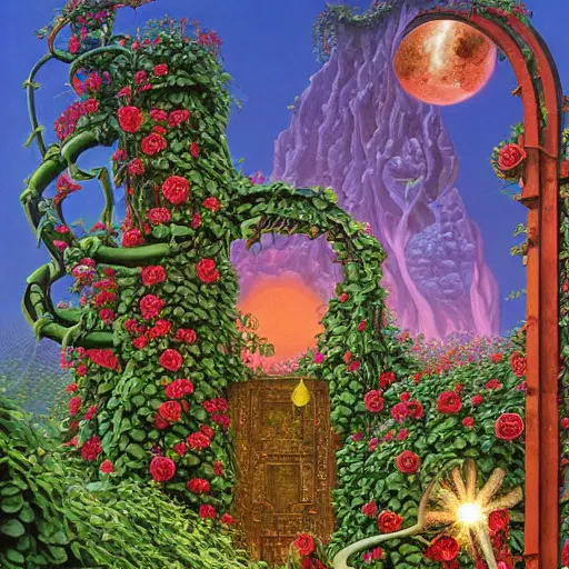 Image similar to a portal with vines and roses on the outside by kilian eng, chris foss, rodney matthews, robert mccall, jacek yerka and vladimir kush, oil on canvas