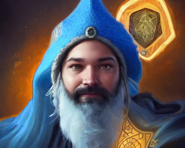 Image similar to mindblowing portrait of alexis ohanian as a wizard, blue wizard hat, deep focus, d & d, fantasy, intricate, elegant, highly detailed, digital painting, artstation, concept art, matte, sharp, illustration, hearthstone, art by artgerm and greg rutkowski and alphonse mucha