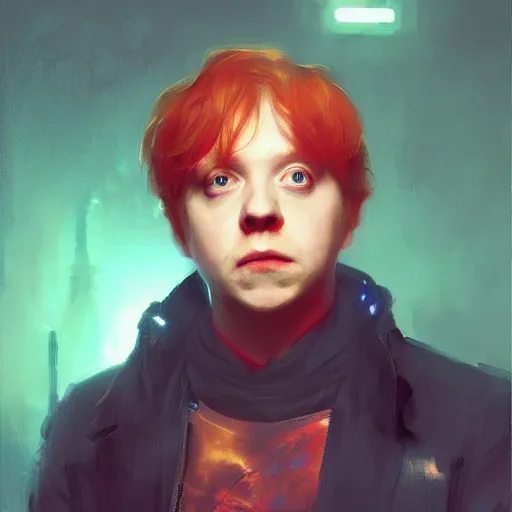 Image similar to portrait of Rupert Grint as Ron Wisly in cyberpunk, neon lighting, night city, digital art from artstation by Ruan Jia and Mandy Jurgens and Artgerm and william-adolphe bouguereau and Greg Rutkowski