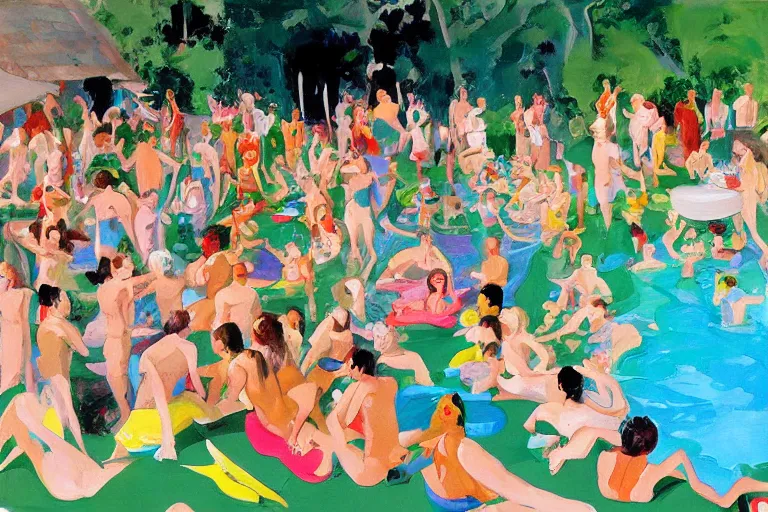 Prompt: “colourful painting of pool party at playboy mansion, by paul wonner, by Eric fischl”