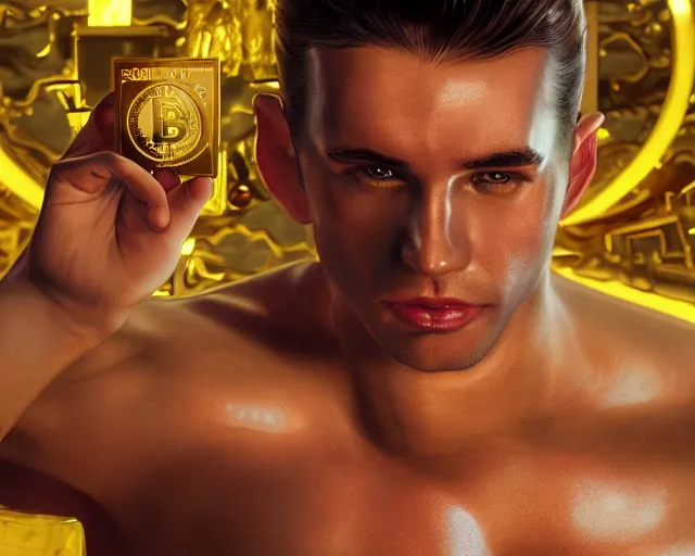 Prompt: attractive oiled up glossy man posing in front of a huge golden bitcoin, angelic light, commercial by annie liebovitz, tom finland, gaston bussiere, craig mullins, j. c. leyendecker, photorealistic, trending artstation, 8 k, smooth