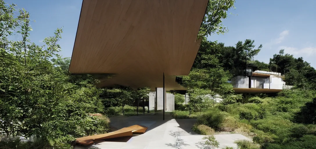 Image similar to single - family house designed by renzo piano. landscape design by kongjian yu.