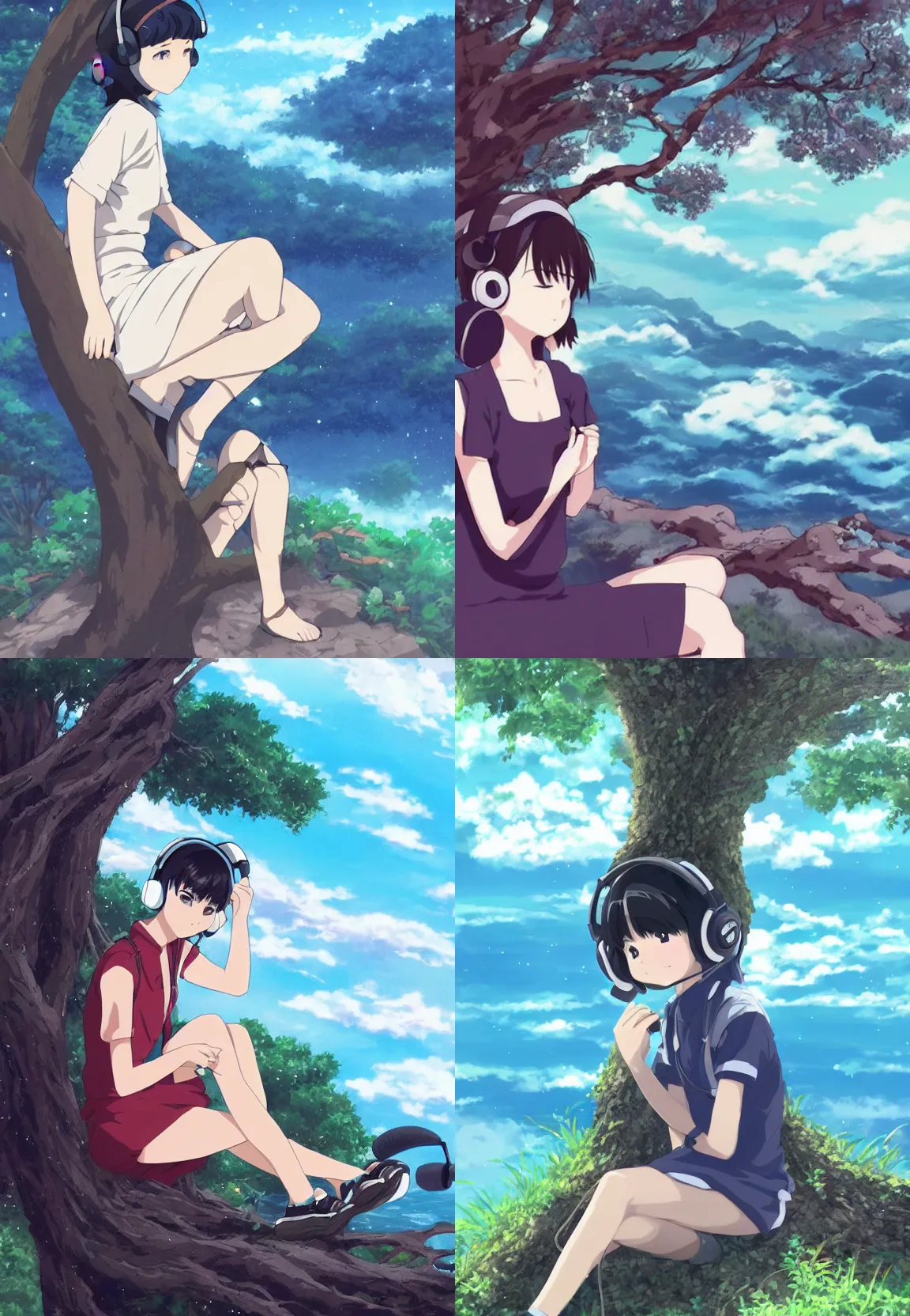 Prompt: A Beautiful Anime Girl with Short Black Hair wearing Headphones, Listening to music, sitting against a tree, on a cliff, cloudy, rainy, ocean waves, epic, beautiful, masterpiece, glowing, Ghibli