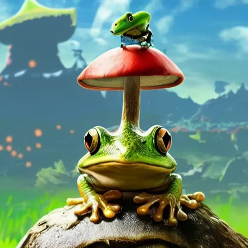 Image similar to a warrior frog atop a mushroom in breath of the wild