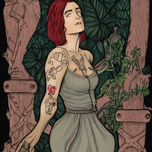 Image similar to modest short - haired tattooed heroic stoic handsome muscular blonde butch tomboy woman engineer in jumpsuit standing beside dark fae feathered modest gothic jennifer connelly in long dress, standing together in a beautiful lush garden at night, in love, highly detailed, trending on art station, illustration, oil painting, mignola, mucha, comic book