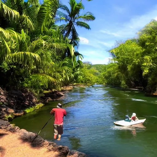 Image similar to the river of life in paradise with a ferrari in the middle and old man fishing fishing