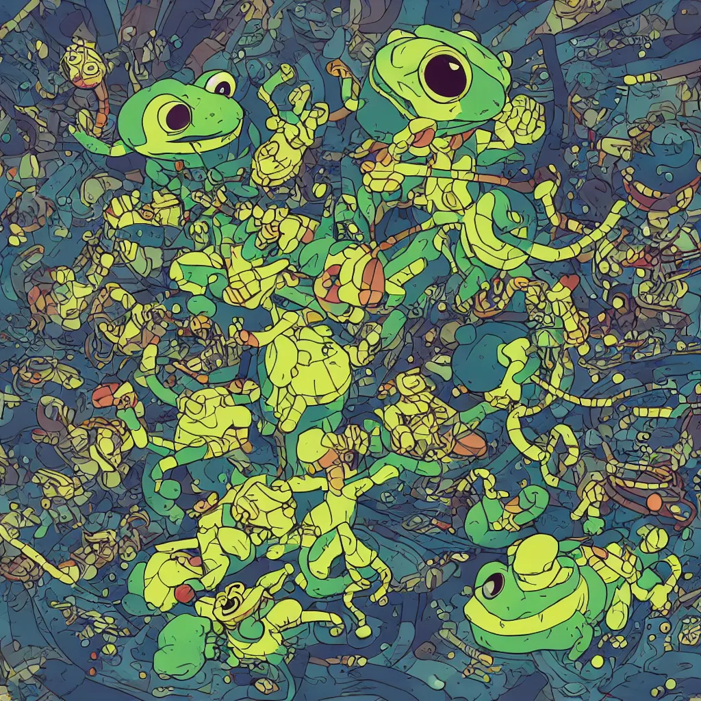 Image similar to toads, deconstructed amphibian, ryuta ueda artwork, breakcore, style of jet set radio, y 2 k, gloom, space, cel - shaded art style, indigo rainbow, data, minimal, takashi murakami artwork, code, cybernetic, dark, eerie, cyber