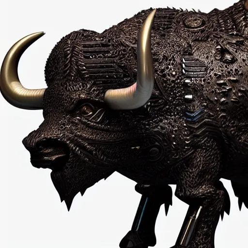 Prompt: a cybertronic buffalo-bull, leds, high detail, sharp, studio, digital art, octane render, redshift, blender-hard-surface, cinema-4d, houdini-hard-surface, machin3, mx2