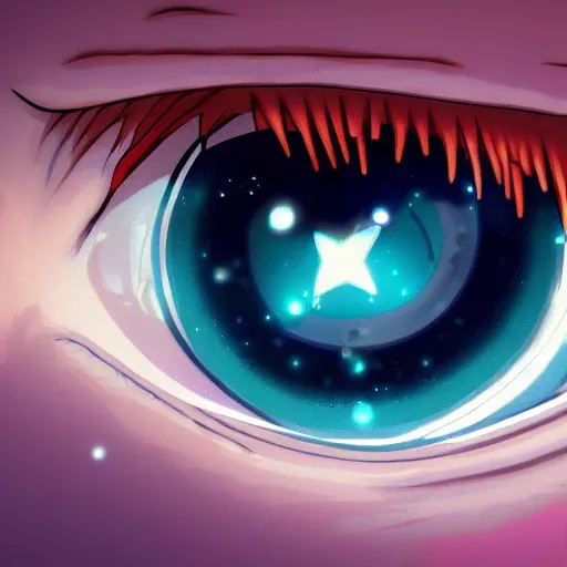 Image similar to a beautiful girl's eyes, vast stars are hidden in the eyes, 8 k, stunning, dream, highly detailed, super macro, surrealist, close - up view, makoto shinkai