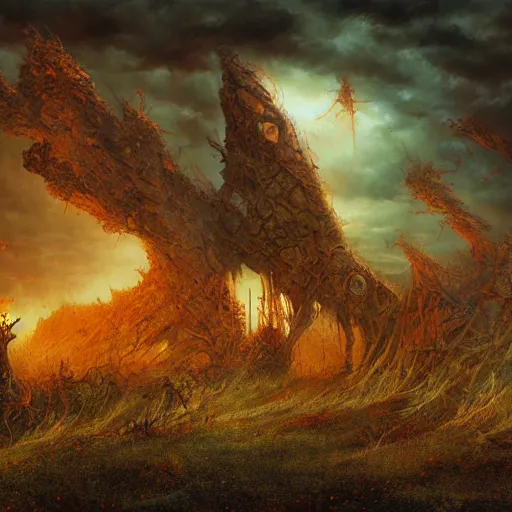 Image similar to scorched horror land by Dariusz Zawadzki, Tomasz Alen Kopera, Andrew Ferez, Remedios Varo, Mariusz Lewandowski, Zdzisław Beksiński, dramatic lighting