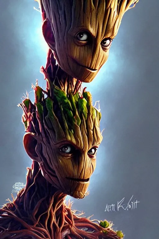 Image similar to Virat Kohli as Groot, Groot costume, Virat Kohli Face, cute, portrait, masculine figure, highly detailed, digital painting, artstation, concept art, smooth, sharp focus, illustration, cinematic lighting, art by artgerm and greg rutkowski and alphonse mucha