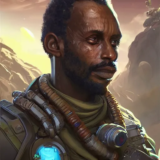 Prompt: a menacing somali space pirate, Apex Legends character digital illustration portrait design, by android jones, detailed, cinematic lighting, wide angle action dynamic portrait