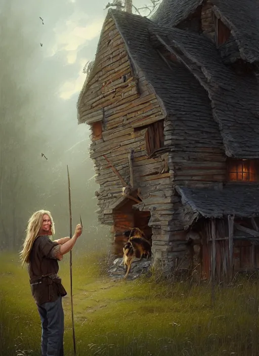 Image similar to highly detailed hyperrealistic painting of a blonde long - haired hillbilly standing in front of old rough house holding a stick, with his fluffy black and gray australian shepherd, bonfire, stephen bliss, art by greg rutkowski, loish, rhads, ferdinand knab, makoto shinkai and lois van baarle, tom bagshaw, global illumination, artstation