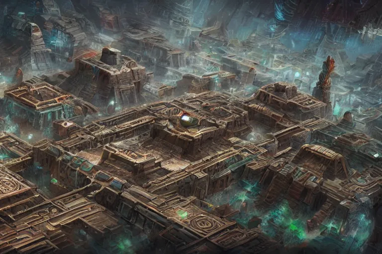 Image similar to A futuristic aztec city, ancient technology, very detailed, concept art, trending on art station