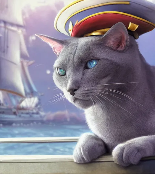 Prompt: a Russian Blue cat pirate on a boat, sitting down, captain hat, proud, shallow depth of field. By Makoto Shinkai, Stanley Artgerm Lau, WLOP, Rossdraws, James Jean, Andrei Riabovitchev, Marc Simonetti, krenz cushart, Sakimichan, trending on ArtStation, digital art