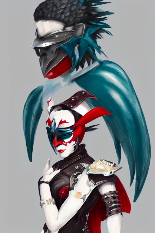 Image similar to female adventurer in tight full - body teal leather armor of japanese design with red accents and a white porcelain crow mask, trending in artstation, establishing shot