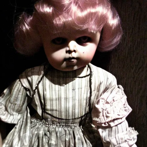 Image similar to creepy vintage doll in darkly lit hallway