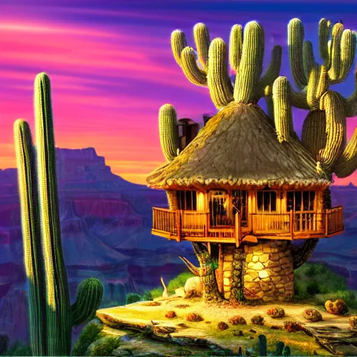 Prompt: fancy treehouse mansion built in a giant cactus on top of plateau overlooking grand canyon at sunset detailed luminescent airbrushed painting 4 k