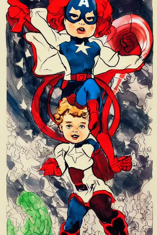 Prompt: a little girl with a mischievous face and light brown curly wavy hair. she is dressed as captain america, spider - man, batman, captain marvel, a superhero. clean elegant painting, beautiful detailed face. by steve ditko and jack kirby and artgerm