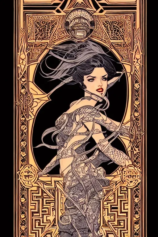 Prompt: concept art design illustration, vertical symmetric tarot card intricate filigree borders!!, 1 6 colors, logo, ink drawing, art by jc leyendecker and sachin teng