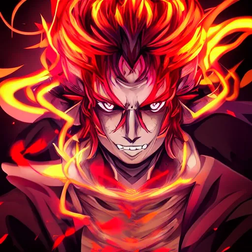 Prompt: villan devil handsome in demon slayer art, night, fire lines, anime style, detailed face, high quality, smooth in 8k, sharp focus, beautiful scene, black border, beautiful scene with a lot of colors, colorful fire, many colors