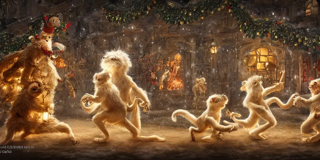 Image similar to Intricate detailed illustration, white-furred humanoid creatures fighting monkeys in front of a christmas tree, cinematic lighting, by Philip Hood, wide angle, volumetric light scattering, 8k, artstation, concept art,