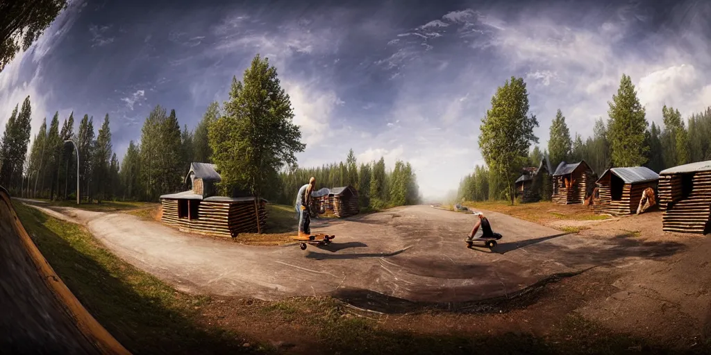 Prompt: a detailed beautiful matte painting of a skateboarder, kick flip, pilgrim village setting, log homes, dirt road, trees by Mikko Lagerstedt and Raphael Lacoste, graffiti log homes with graffiti by Fintan Magee, fisheye lens