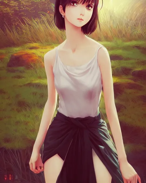 Image similar to infinitely detailed full - body portrait pale female peaceful dream angel wearing elegant clothes. beautiful! scenery art! by wlop & murata range, by ilya kuvshinov. artstation!! / pixiv!!