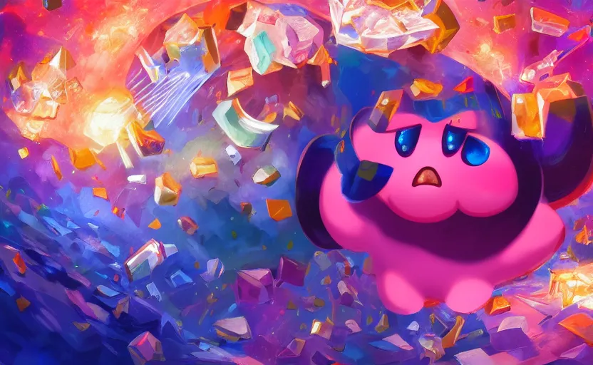 Image similar to Kirby and the crystal shards, digital painting, expressionistic, intricate detail, meticulous brush strokes, genius composition, masterpiece, work of art, 4k wallpaper