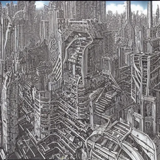 Prompt: an ancient destroyed futuristic city by Moebius, intricately detailed