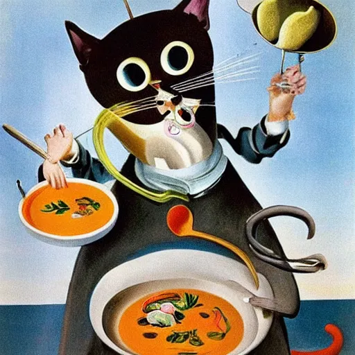 Image similar to anthropomorphic cat chef cooking a delicious colorful soup, by Salvador Dali