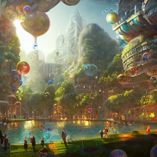 Image similar to a utopian city, filled with fauna, with bubbles floating around everywhere, dynamic lighting, fantasy concept art, trending on art station, stunning visuals, creative, cinematic, ultra detailed