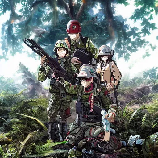 Image similar to vietnam war, cyborg marines in a mutated forest, anime key visual, high detail