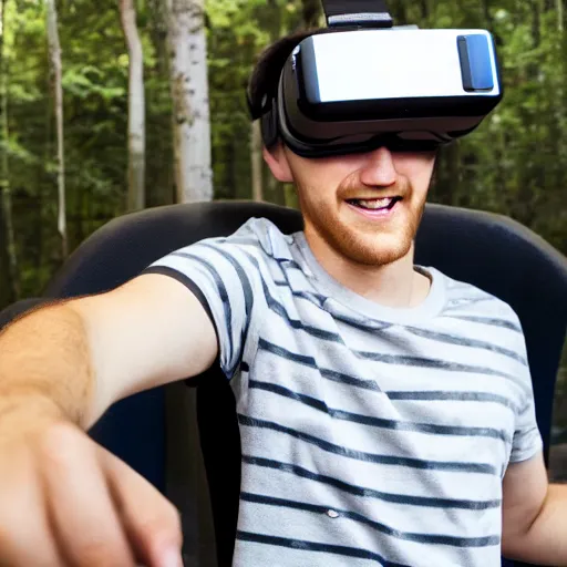 Prompt: young white man using vr glasses to get into the metaverse, smiling