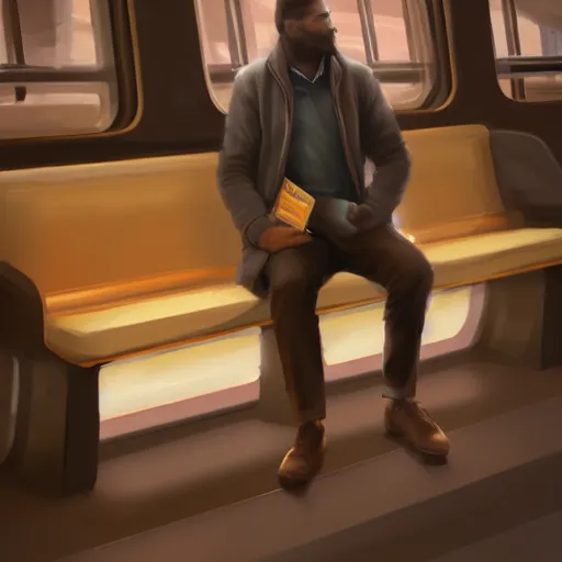 Image similar to a beautiful painting of a lonely man sitting in a subway seat by artgerm, concept art, cinematic lighting