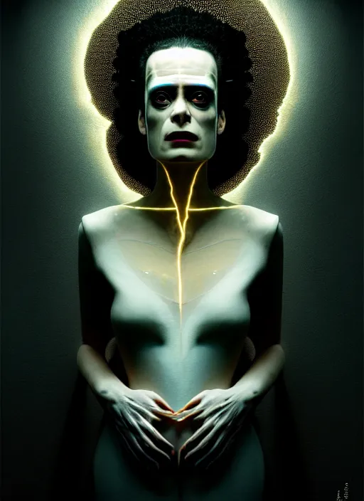 Image similar to high key lighting, portrait of a beautiful gentle futuristic bride of frankenstein, kintsugi, modern fine art, fractal, intricate, elegant, highly detailed, digital photography, subsurface scattering, by jheronimus bosch and greg rutkowski, andy worhol