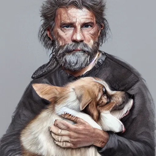 Image similar to portrait of a old, ruggedly handsome bearded man cuddling a corgi dog, soft hair, muscular, half body, cloth, d & d, fantasy, intricate, elegant, highly detailed, digital painting, artstation, concept art, smooth, sharp focus, illustration, art by artgerm and greg rutkowski and alphonse mucha