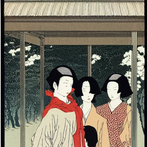 Prompt: people waiting in bus stop, by takato yamamoto